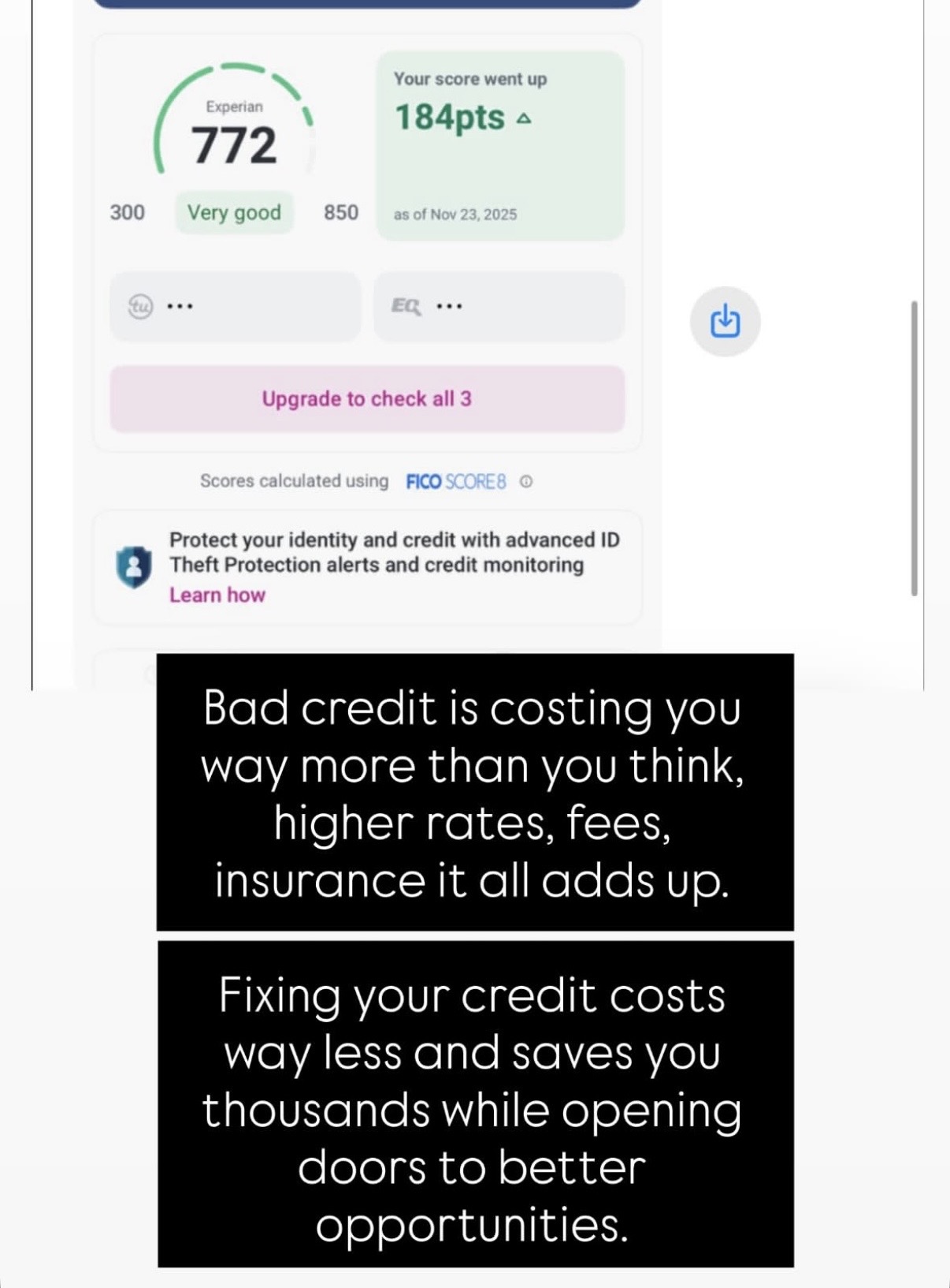 Experian score 772, up 184 points