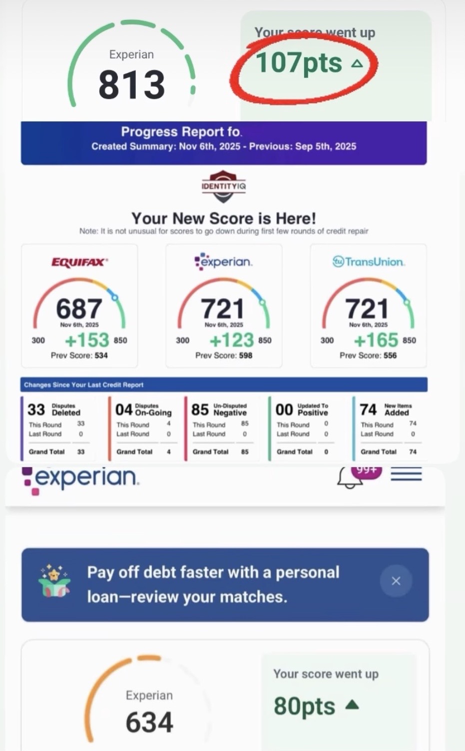 Experian 813 score with 107 point jump