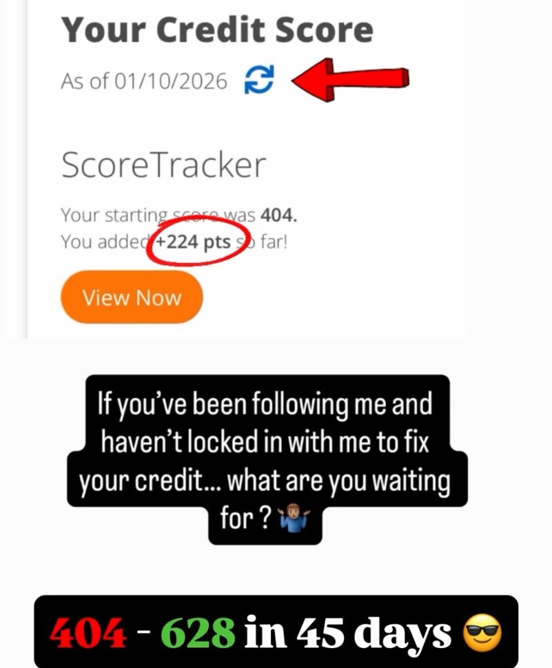 Credit score tracking from 404 to 628 in 45 days