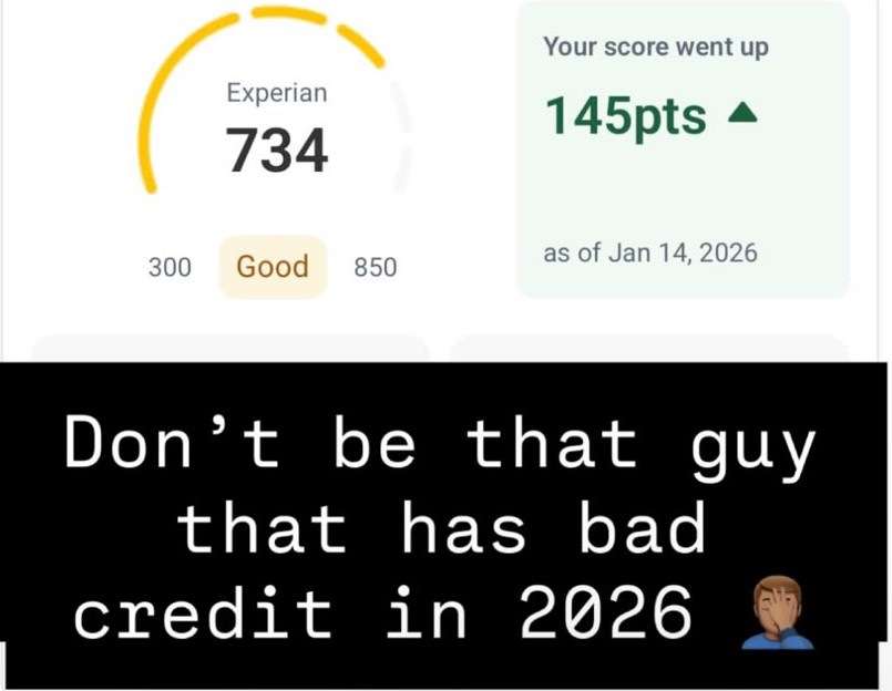 Experian credit score 734 showing 145 point increase